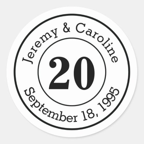 Custom Couple 20th Wedding Anniversary Modern Classic Round Sticker