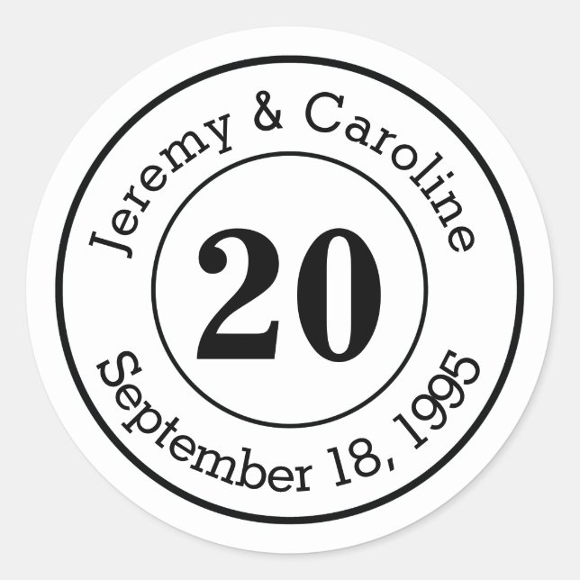 Custom Couple 20th Wedding Anniversary Modern Classic Round Sticker (Front)