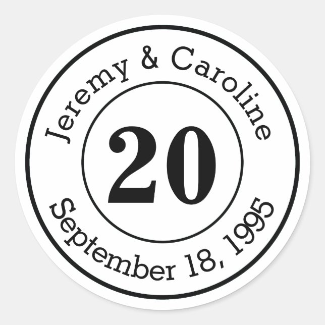 Custom Couple 20th Wedding Anniversary Modern Classic Round Sticker (Front)