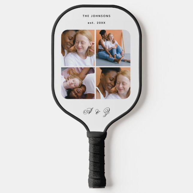 Custom Couple 4 Photo Collage Wedding & Monogram Pickleball Paddle (Front)
