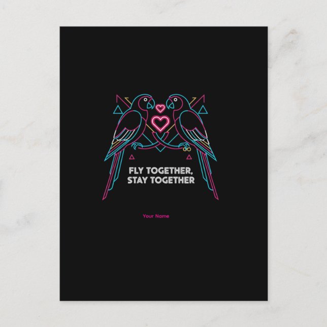 Custom Couple Anniversary Neon Parrots Winter Hood Postcard (Front)