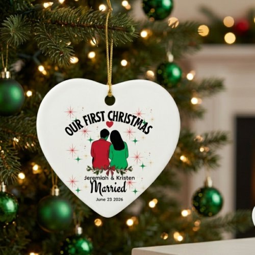 Custom Couple First Christmas Married  Ceramic Ornament