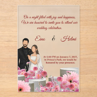 Custom Couple Floral WI.–Pink Flowers &Script Font Acrylic Invitations