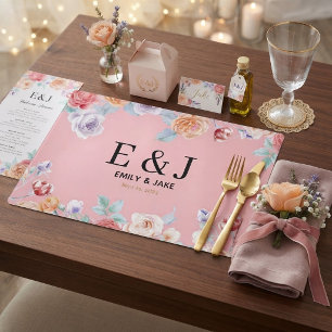 Custom Couple Initials Wedding Monogram & Flora Placemat