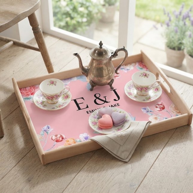 Custom Couple Initials Wedding Monogram & Floral  Serving Tray (Creator Uploaded)