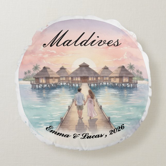 Custom Couple Maldives Honeymoon Keepsake Round Pillow (Front)