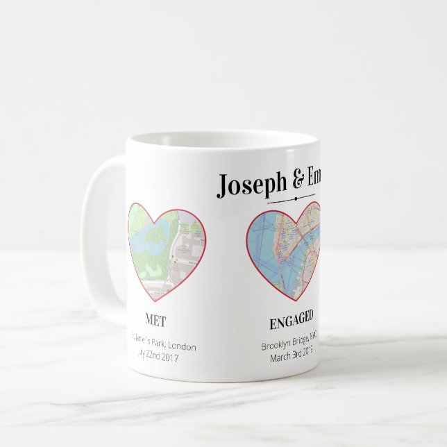 Custom Couple Milestones Map Location Hearts Coffee Mug (Front Left)