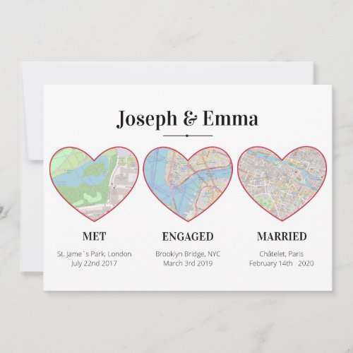 Custom Couple Milestones Map Location Hearts Holiday Card