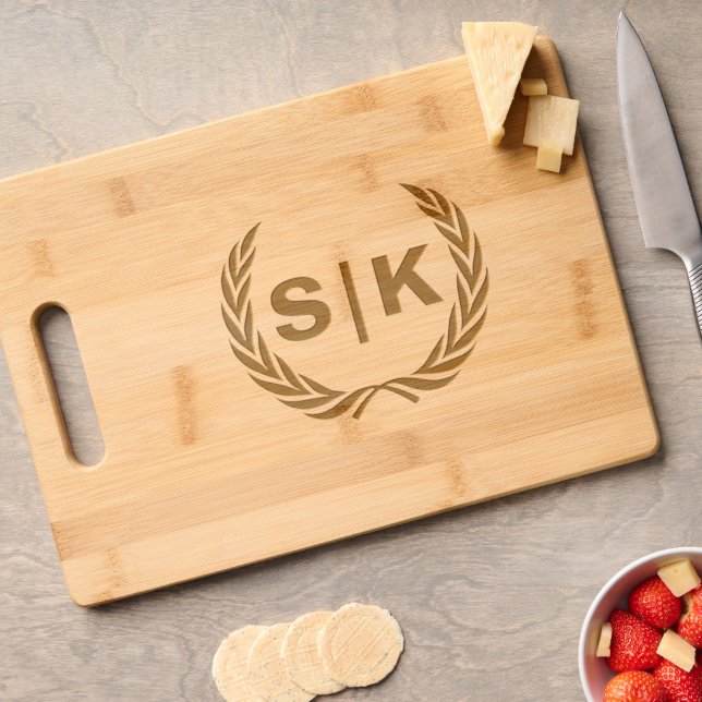 Custom Couple Monogram with Laurel Leaves Engraved Cutting Board (Cheese)