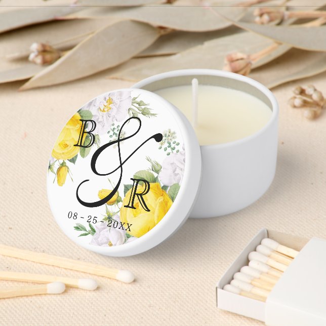 Custom Couple Monograms On Yellow And White Roses Mini Candle Favors (Insitu)