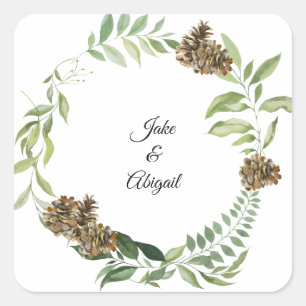 Custom Couple Names Fall Foliage Pine Cones Square Sticker