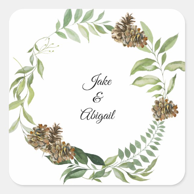 Custom Couple Names Fall Foliage Pine Cones Square Sticker (Front)