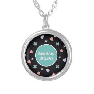 Custom Couple Names Lucky Heart Date Silver Plated Necklace