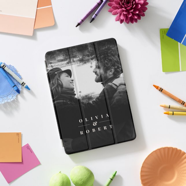 Custom Couple Photo and Names Black abstract iPad Pro Cover (Desk)