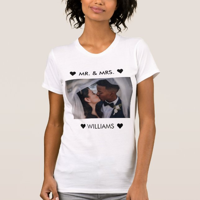 Custom Couple photo name Mr and Mrs Just married T-Shirt (Front)