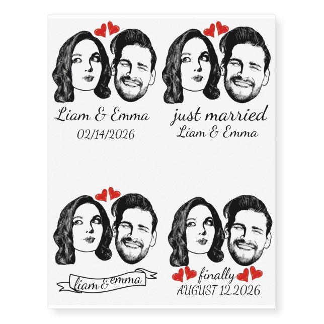 Custom Couple Portrait Wedding Just Married Date Temporary Tattoos (Front)