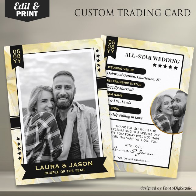 Custom Couple Trading Card, Gold Wedding Keepsake  Calling Card (Wedding Trading Card Template, Custom Couple Trading Card, Wedding Thank You Card Gold & Black)