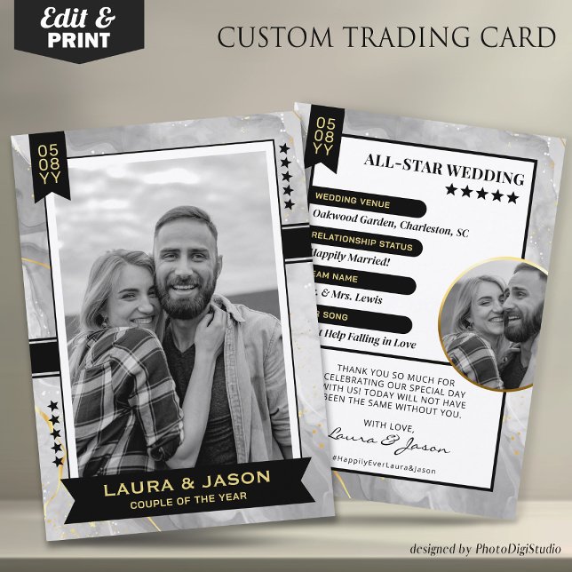 Custom Couple Trading Card, Gray Wedding Keepsake Calling Card (Wedding Trading Card Template, Custom Couple Trading Card, Wedding Thank You Card Black Gold & Black)