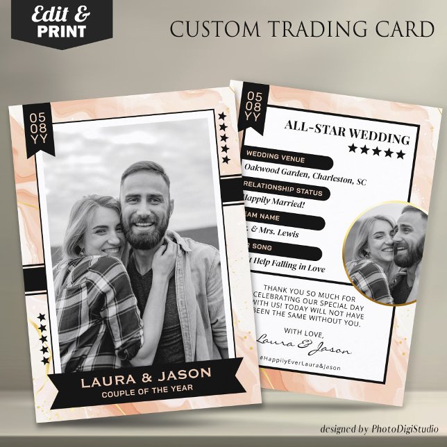 Custom Couple Trading Card, Rose Wedding Keepsake Calling Card (Wedding Trading Card Template, Custom Couple Trading Card, Wedding Thank You Card Rose Gold & Black)