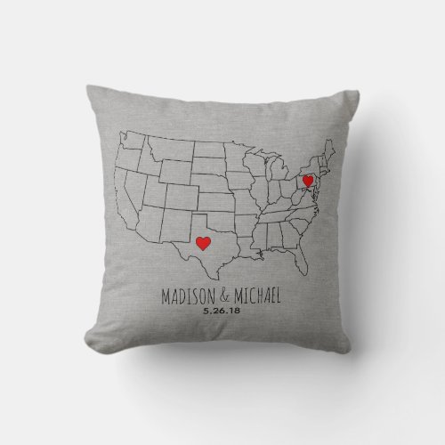Custom couple USA state heart map names  date Throw Pillow