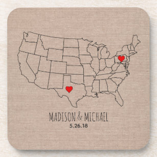 Custom couple USA state map names & date heart map Beverage Coaster