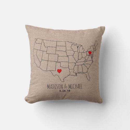 Custom couple USA state map names  date heart map Throw Pillow