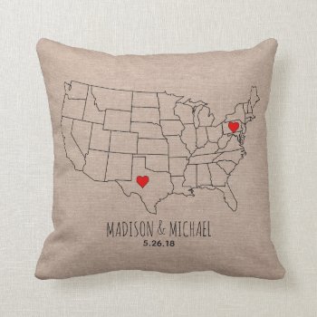 Custom Couple Usa State Map Names & Date Heart Map Throw Pillow by iGizmo at Zazzle