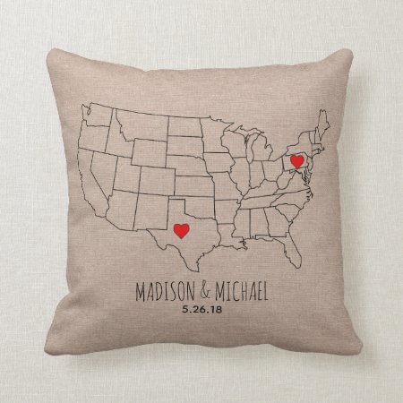 Custom Couple Usa State Map Names & Date Heart Map Throw Pillow