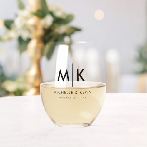 Custom Couple Wedding Modern Monogram Initials Stemless Wine Glass