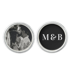 Custom Couple Wedding Monogram & Photo Black Cufflinks