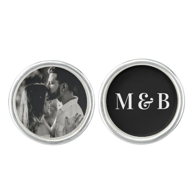 Custom Couple Wedding Monogram & Photo Black Cufflinks (Front)