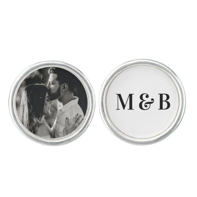 Custom Couple Wedding Monogram & Photo White Cufflinks (Front)