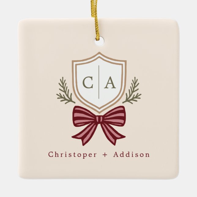 Custom Couple's Monogram Crest Bow Christmas Ceramic Ornament (Front)