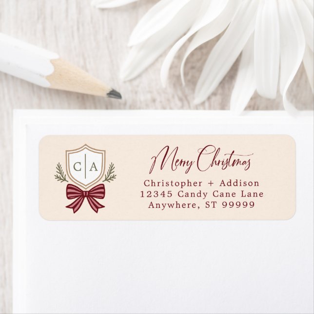 Custom Couple's Monogram Crest Bow Christmas Label (Insitu)
