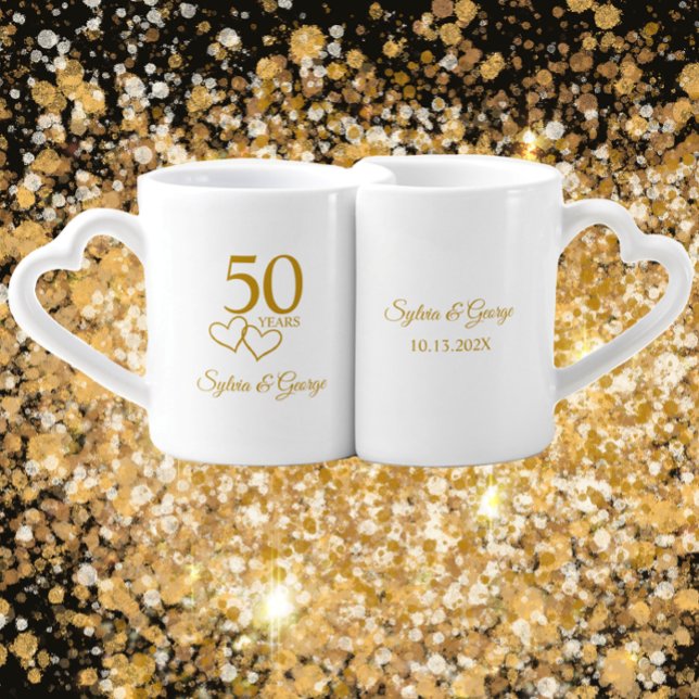 Custom Couples Name Keepsake 50th Anniversary Gift Coffee Mug Set (Add couples names to personalize golden hearts 50th anniversary keepsake gift mug set. Simple modern)