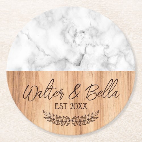 Custom Couples Name Script Floral Marble Wood  Ro Round Paper Coaster