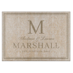 Custom Couples Name Tan Damask Wedding Gift Cutting Board