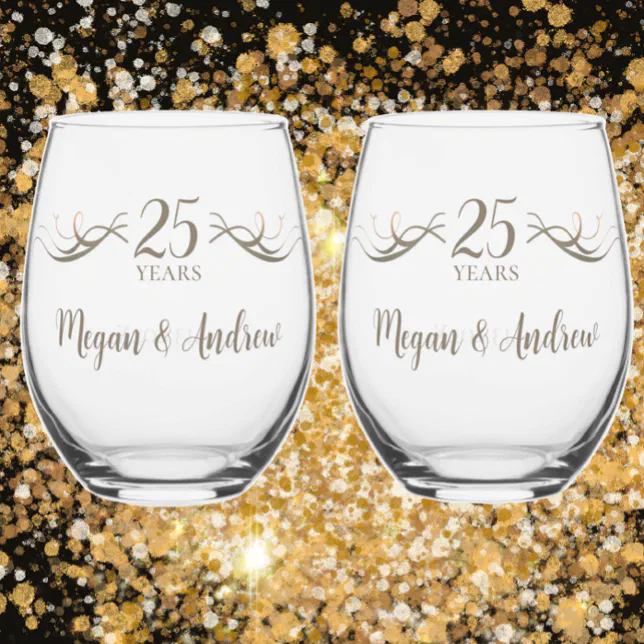 Custom Couples Names 25th Anniversary Keepsake Stemless Wine Glass