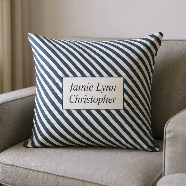 Custom Couples Names Blue/White Stripes Throw Pillow (Creator Uploaded)