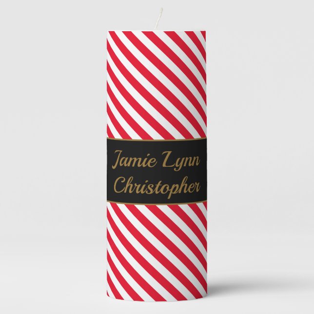 Custom Couples Names Red/White Stripes Pillar Candle (Front)