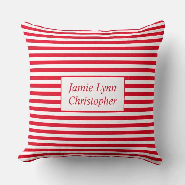 Custom Couples Names Red/White Stripes Throw Pillow (Front)