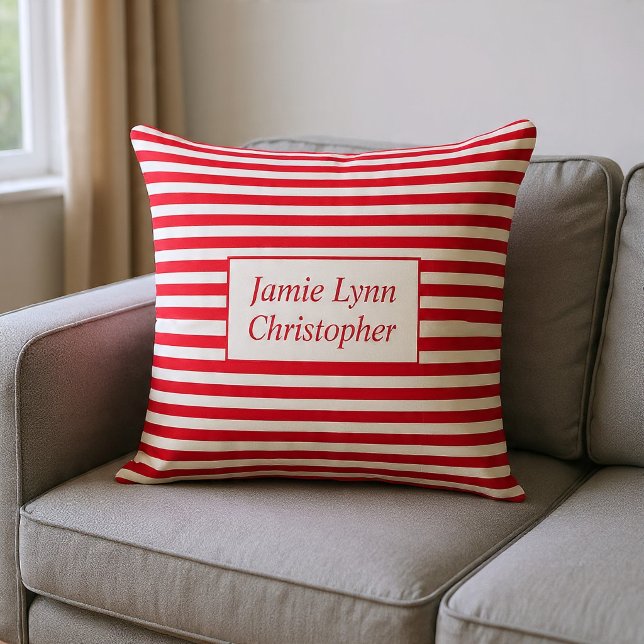 Custom Couples Names Red/White Stripes Throw Pillow (Creator Uploaded)