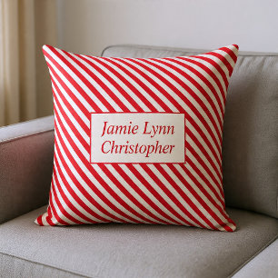 Custom Couples Names Red/White Stripes Throw Pillow
