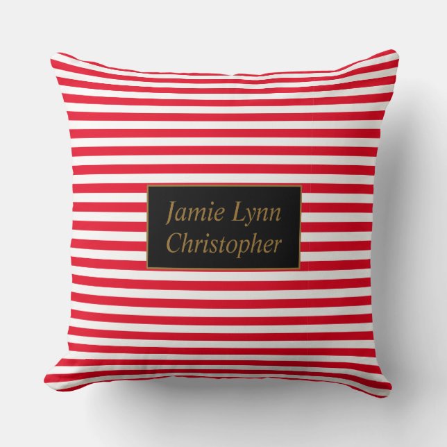 Custom Couples Names Red/White Stripes Throw Pillow (Front)