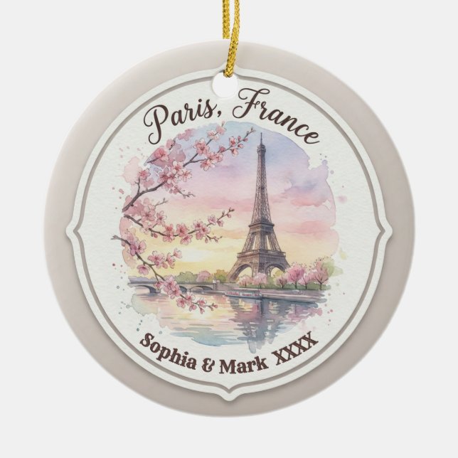 Custom Couple's Paris & Cherry Blossom Keepsake Ceramic Ornament (Front)
