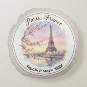 Custom Couple's Paris & Cherry Blossom Keepsake Round Pillow