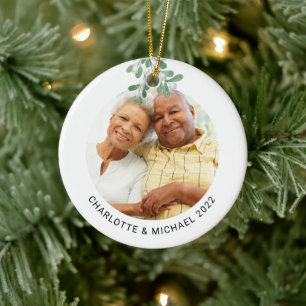 Custom Couple's Photo Botanical Mistletoe Ceramic Ornament