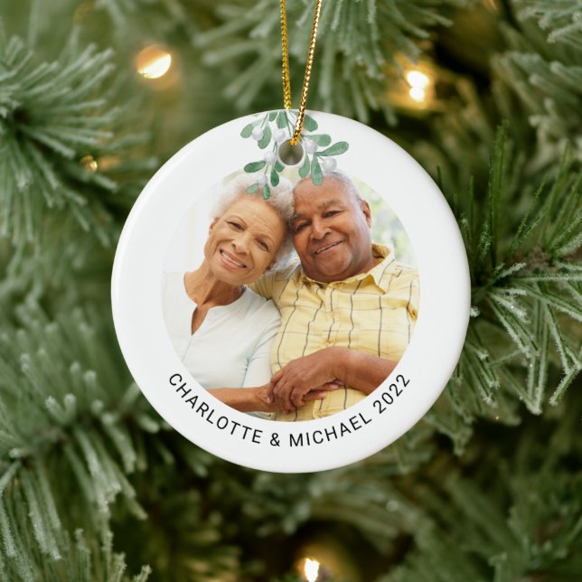 Custom Couple's Photo Botanical Mistletoe Ceramic Ornament (Tree)