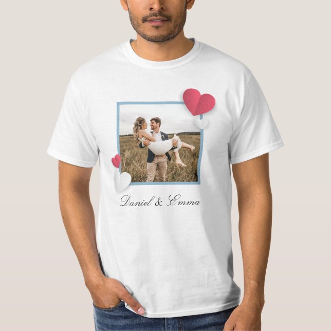 Custom Couples Photo Name Text Personalized  T-Shirt (Front)