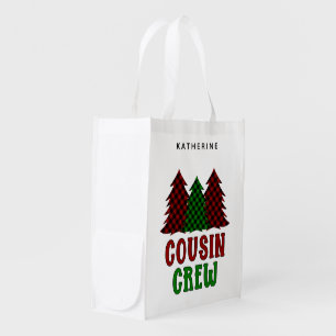Custom Cousin Crew Buffalo Plaid Christmas Tree Grocery Bag